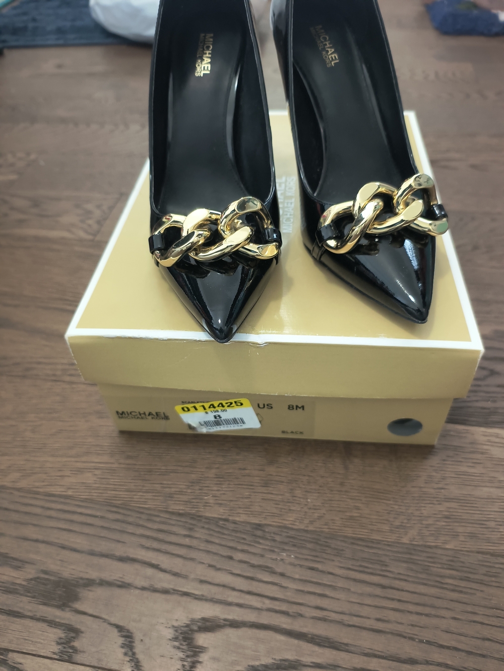Michael Kors Black Patent Pointed-Toe Pumps with Gold Chain - Picture 3 of 5